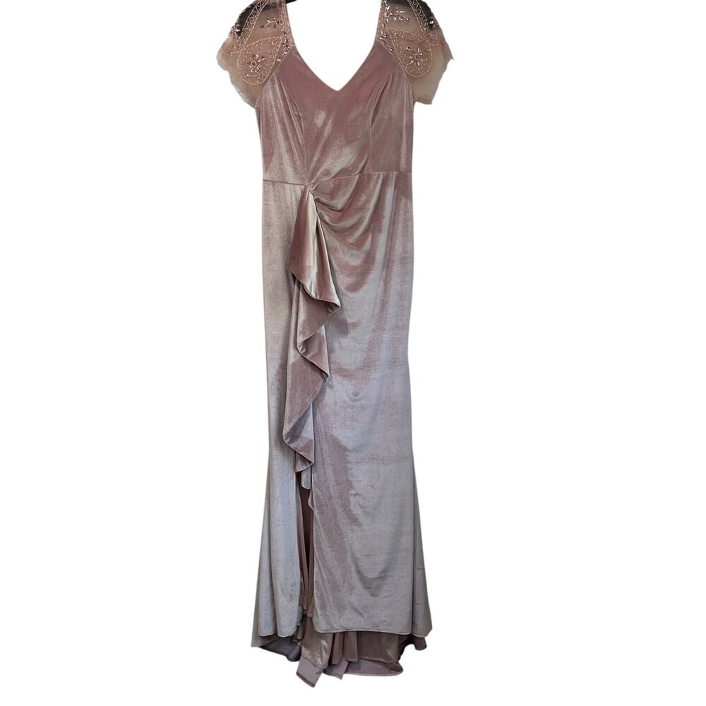 JJ's House Dusty Rose Velvet Gown Beaded Sleeve Wedding Guest Dress Size 10/12